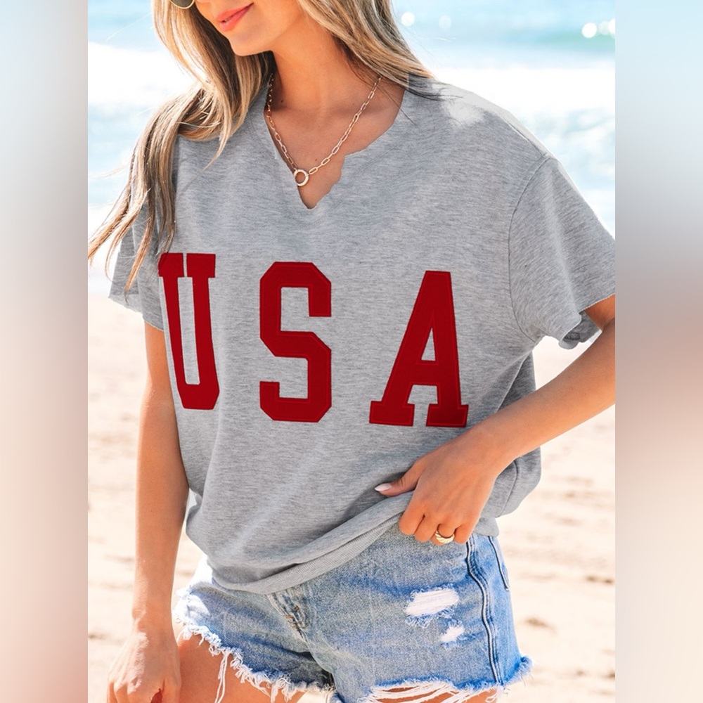 USA Lettering Patch Notched Neck T-Shirt